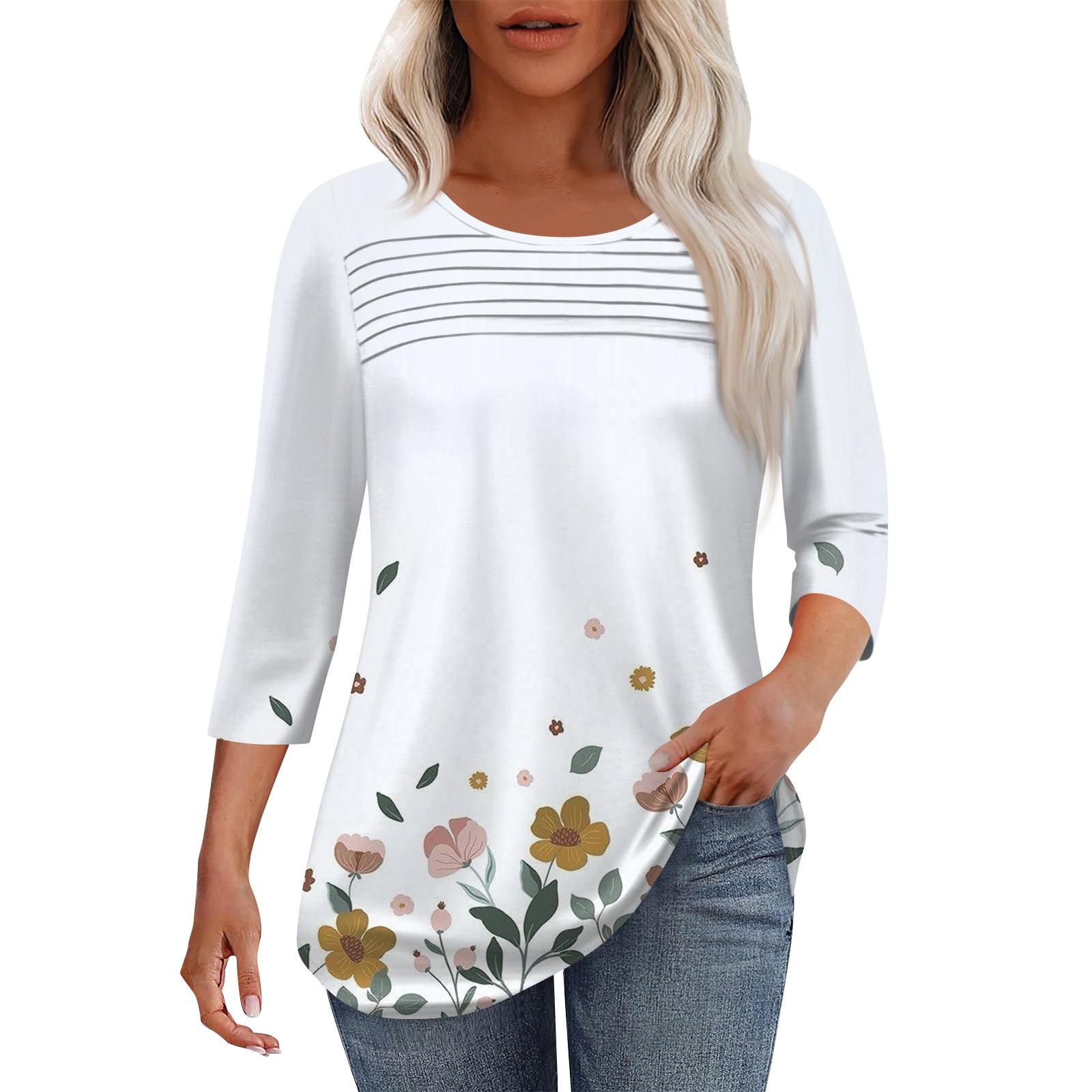 

Женская мода круглый вырез шея плиссированная передняя планка однотонный топ рукав 3/4 XL белый