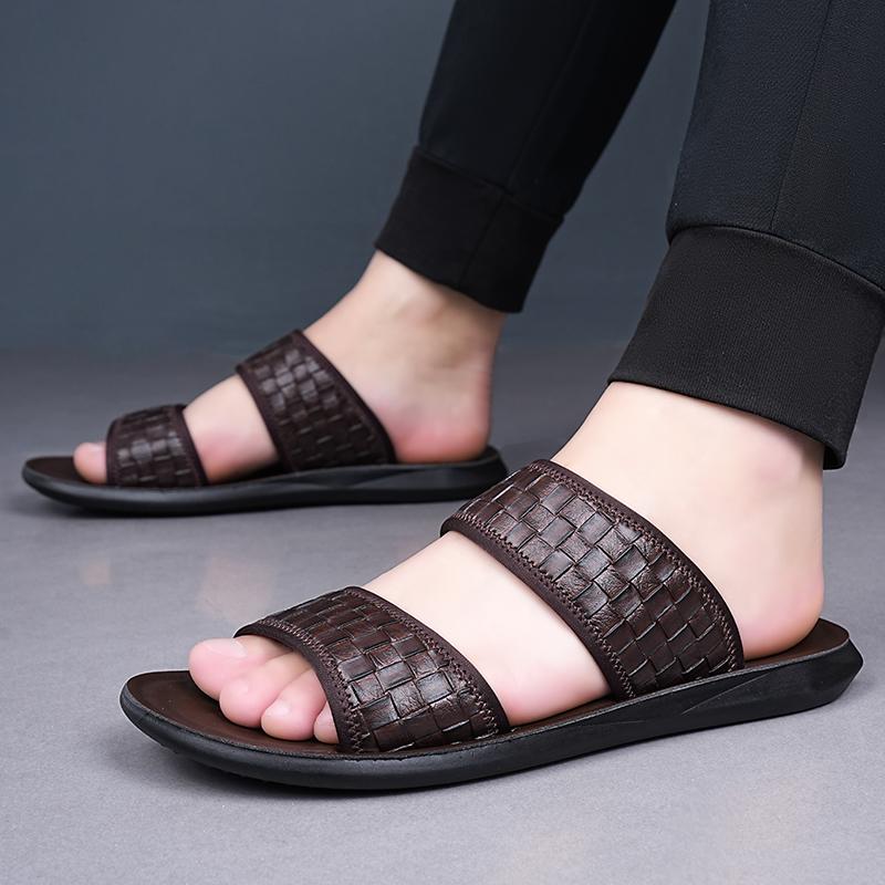 Men Black Leather Slippers Flats Summer Brown Sandals Outdoor White Wide Head Beach Shoes for Father Over Sized 46 47 48