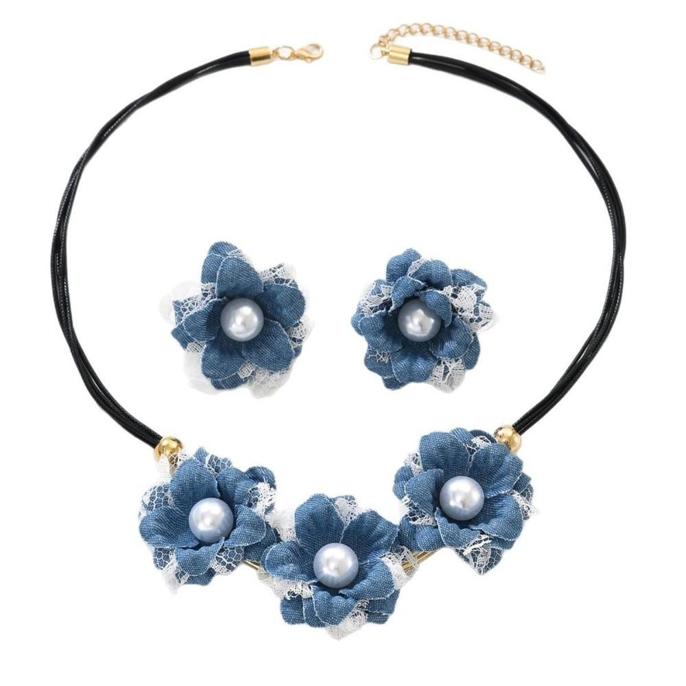 Exquisite Boho Denim Flower Earrings Imitation Pearl Vintage Style Denim Set Daily Wear Gift Jewelry Sets Women