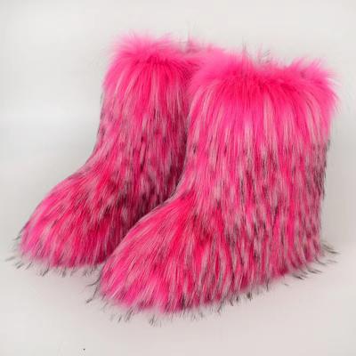 2024 Winter Boots Fluffy Fur Snow Boots High Quality Furry Faux Fox Fur Mid-calf Boots Ladies Sexy Warm Cotton-padded Shoes