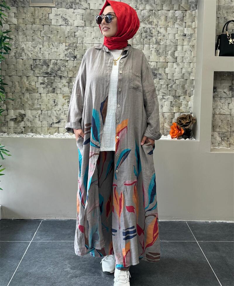 2024 Middle Eastern Fashion: Women's Print Long Cardigan & Wide-Leg Pants Two-Piece Set