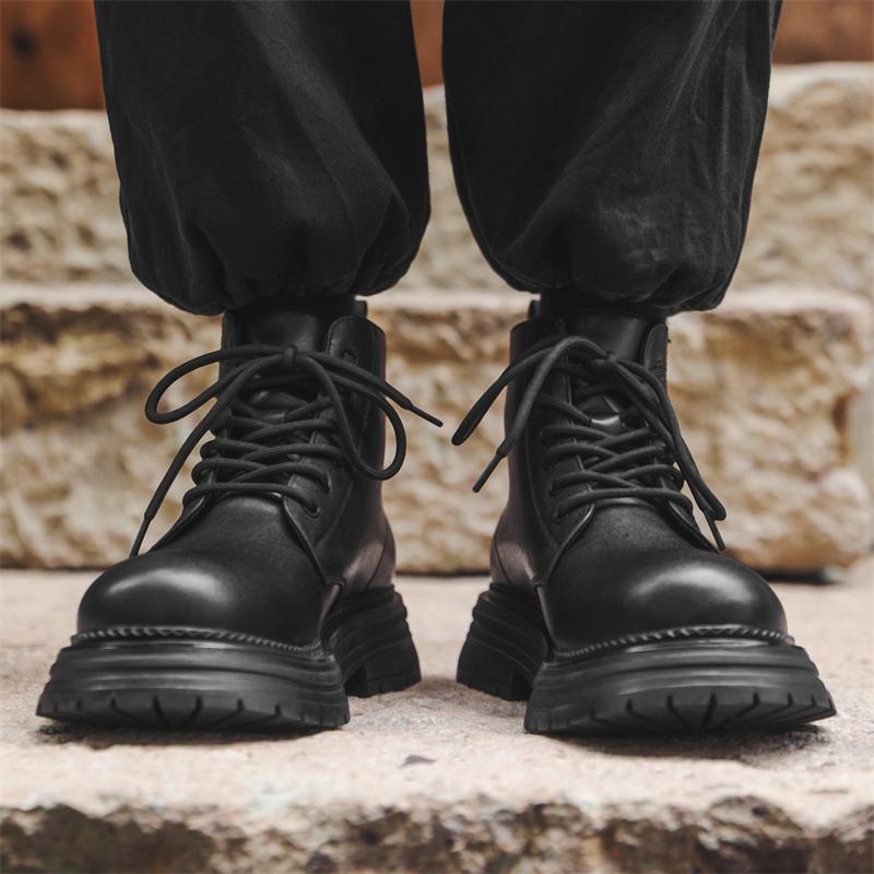 Hight Quality Classic British Street Style Leather Boots For Men Solid Black Hombre Daily Casual Dress Height Increasing Shoes