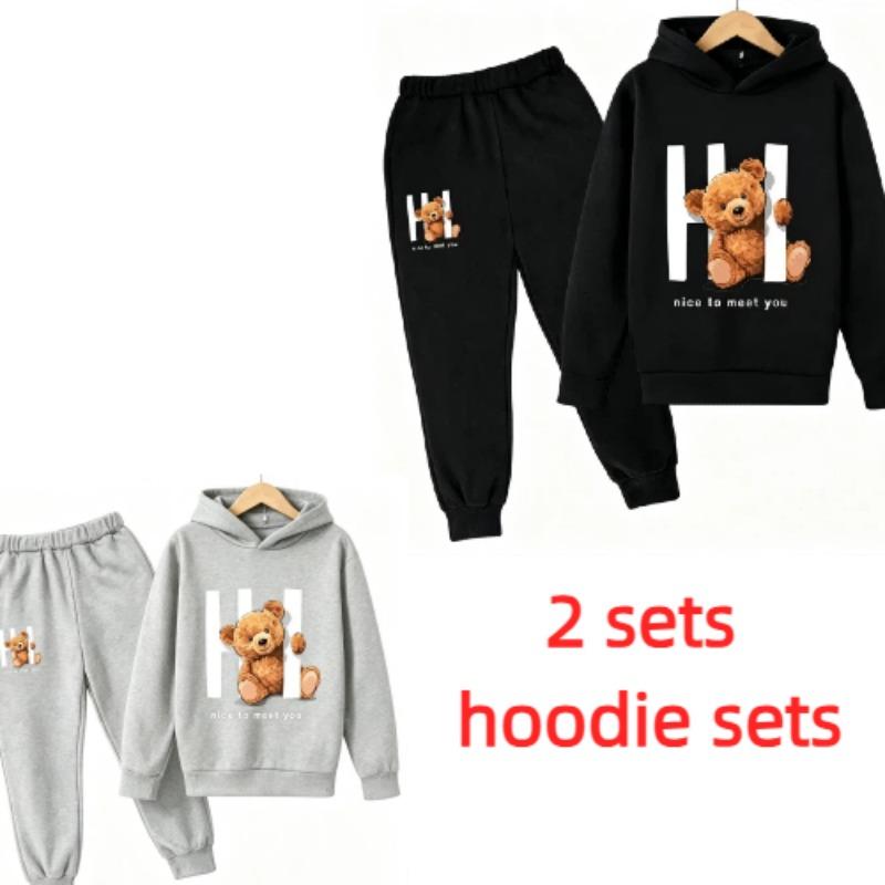 Spring Autumn Fashion Kawaii Anime Cartoon Teddy Bear Print Kids Pullovers Pants 2-piece Set Street Casual Fashion Hoodies Vintage Boy's Girl Clothes