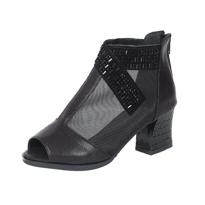 Сандалии с открытым носком, женская обувь на сетке, туфли на среднем толстом каблуке для девочек, уличная обувь 34 чёрный