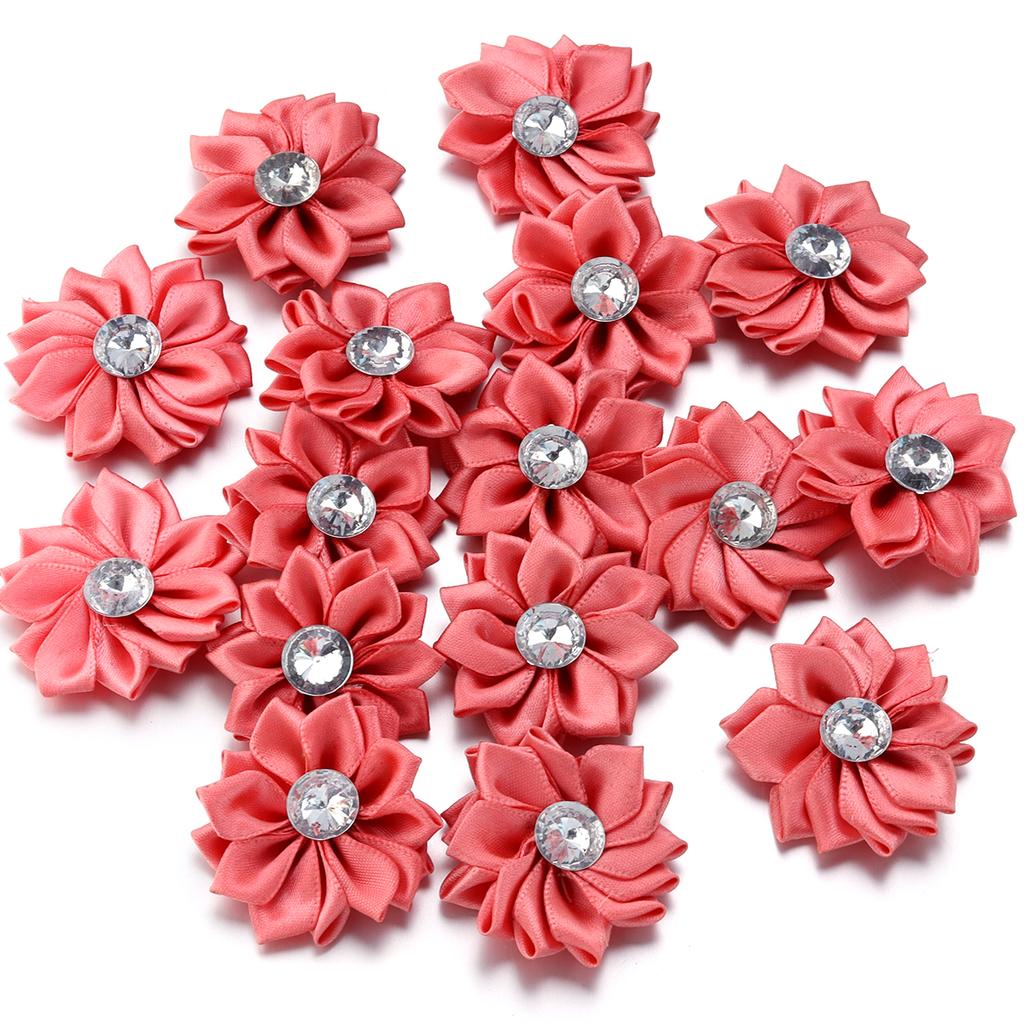 20pcs 4cm Mini Satin Ribbon Flowers Colorful Rhinestone Handmade Flowers For DIY Clothing Sewing Headwear Decoration Accessories