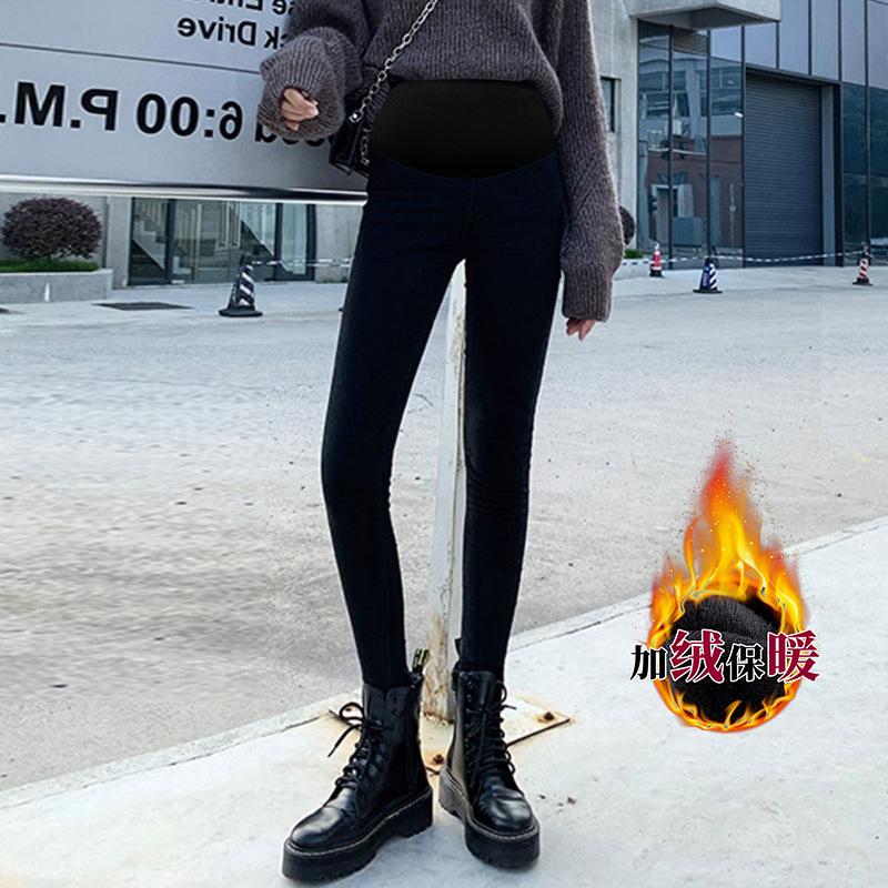 #Pregnant women's fleece jeans, winter fleece warm pipe pants, small pants, pencil pants, thin belly support pants