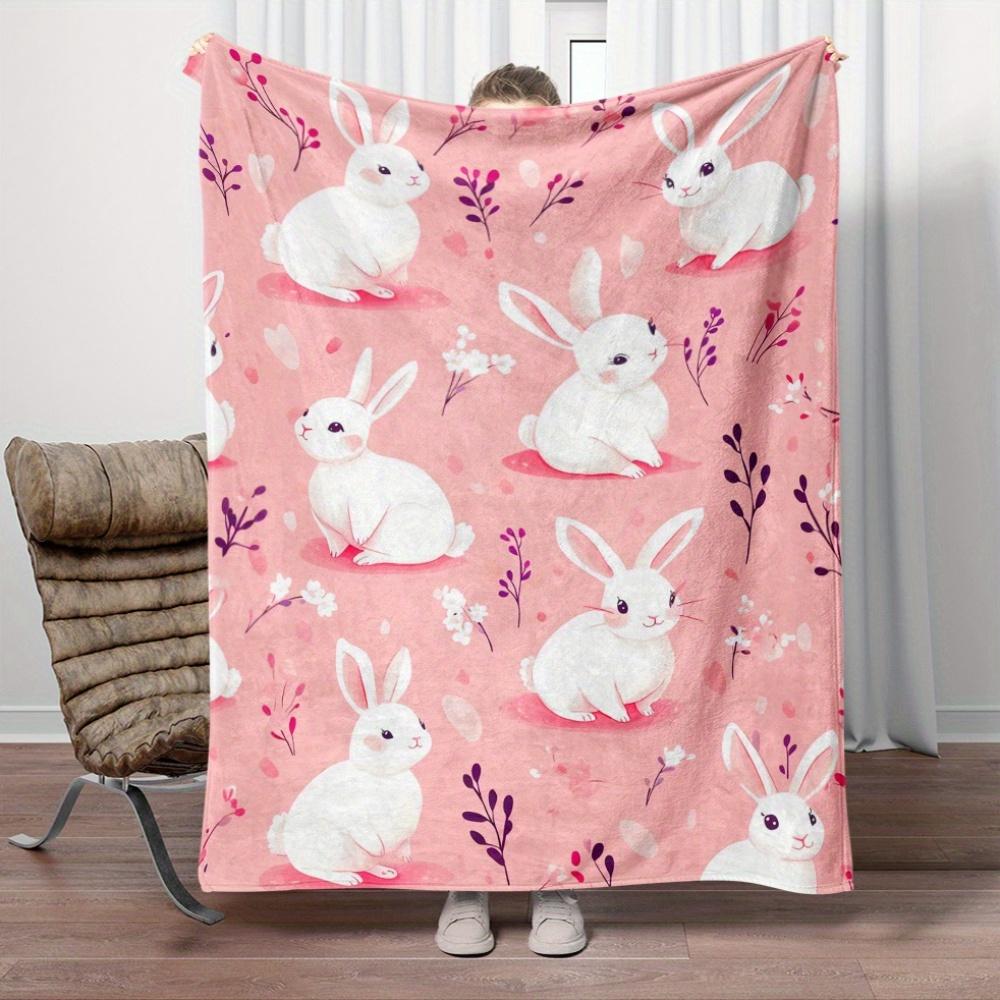 Pink Rabbit Pattern Flannel Blanket Cute White Bunnies Floral Design Soft Cozy Throw Blanket for Baby Nursery Kids RoomDecorGift