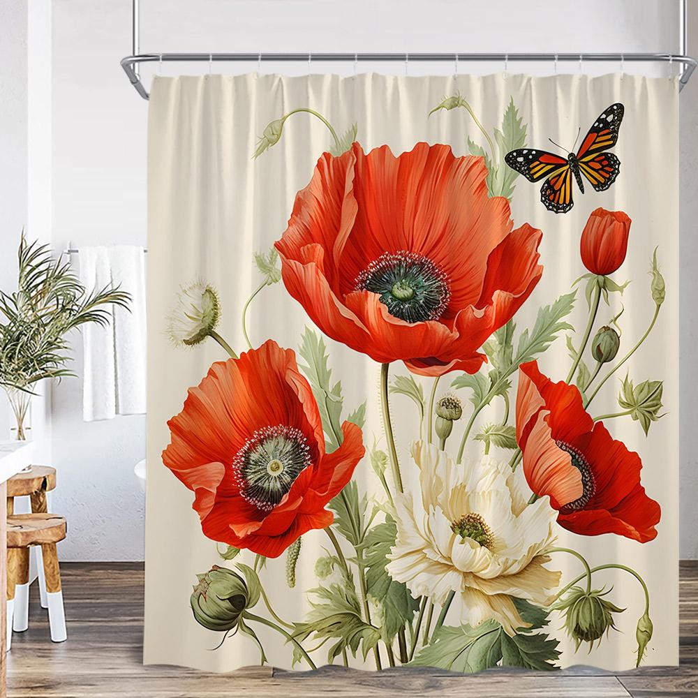 Butterfly Floral Shower Curtain Boho Flower Poppy Purple Blossom 3D Flowers Elegant Modern Bathroom Decor Polyester Bath Curtain
