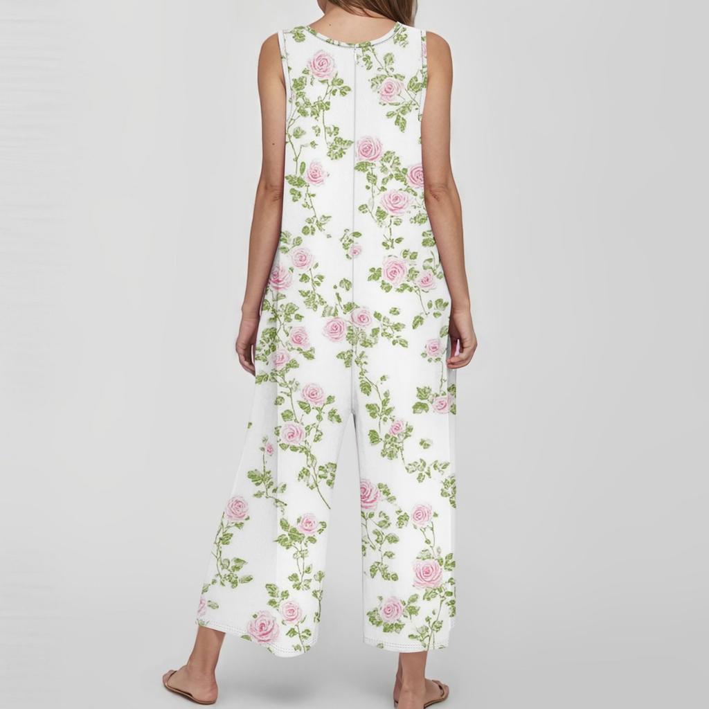 Damenmode Lässiger Jumpsuit mit Knöpfen, ärmellos, Blumendruck, Baumwoll-Overall mit Taschen