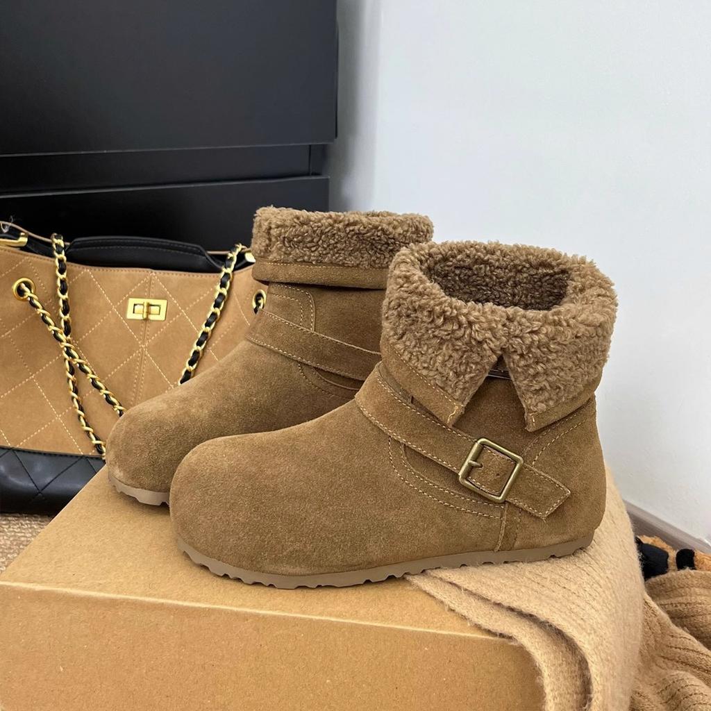 Inner height increase! Short boots hairy boots women's autumn and winter warm piled cotton boots snow boots turned over two women's boots