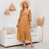 YYFS Women's Fashion Spring Fall Flower Pattern Print Long Sleeve Square Collar Loose Waistline Casual Dresses