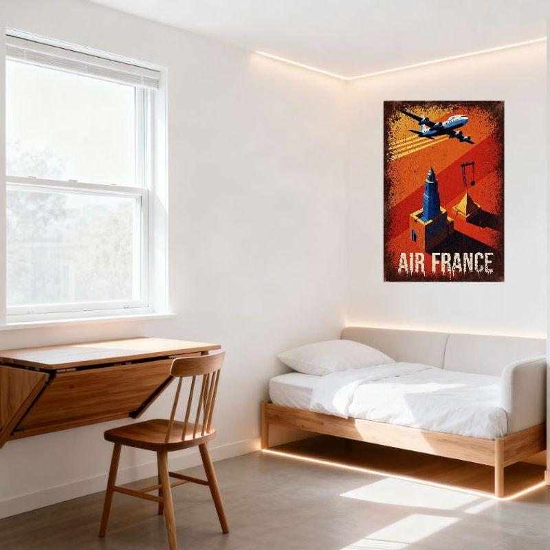 Vintage Air France Reiseplakat Metallblechschild, Retro Rost-Orange Verlauf mit Flugzeug, Wahrzeichen & 'AIR FRANCE' Text für Ca