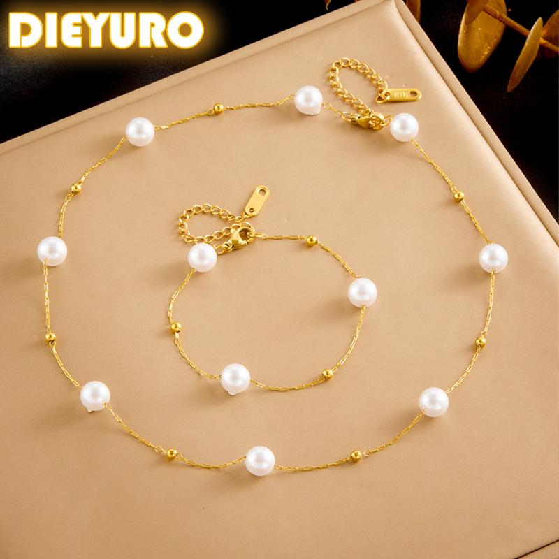 DIEYURO 316L Stainless Steel Round Pearl Simplicity Necklace Bracelet For Women New Trend Golden Non-fading Jewelry Set