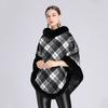 Womens Plaid Faux Rex Rabbit Fur Collar Cape Knit Sweater Coat Thick Warm Winter Hooded-Free Style