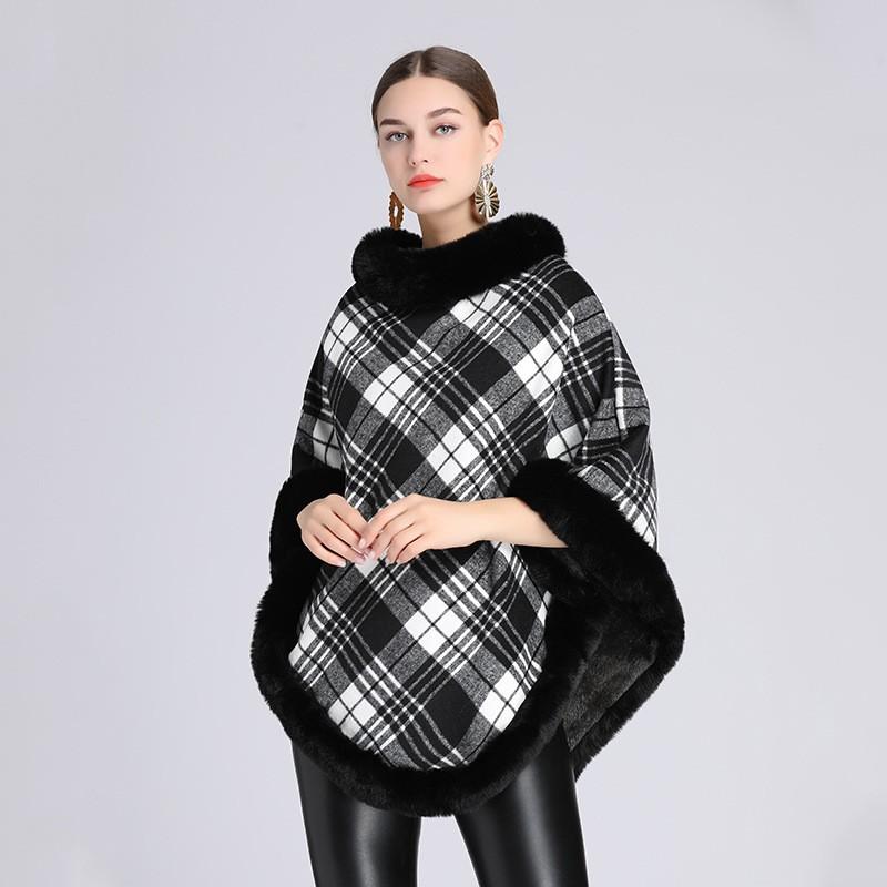 Womens Plaid Faux Rex Rabbit Fur Collar Cape Knit Sweater Coat Thick Warm Winter Hooded-Free Style