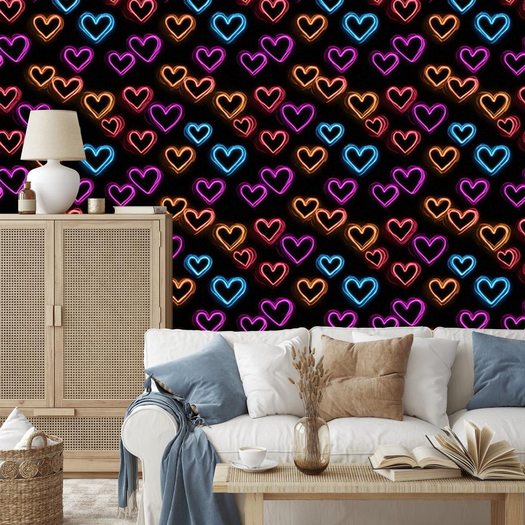 Neon Glitter Hearts Wallpaper Black, Rust and Plum 50x1000