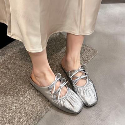 Fashion Summer Women Flats Slippers Square Toe Shallow Mules Shoes 2025 Bow Designer Woman Slides Fashion New Brand Sandalias De Mujer