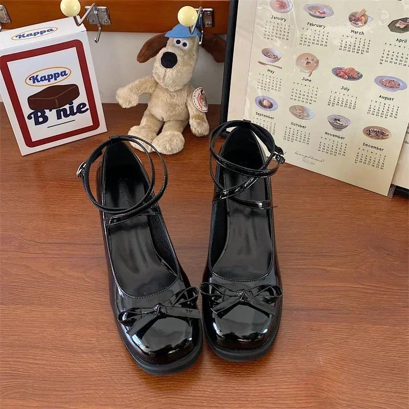 

Красные туфли Мэри Джейн женские туфли-лодочки 2025 года модные банты на толстом высоком каблуке женские туфли в стиле Лолита с квадратным носком кожаные туфли для женщин сандалии 38