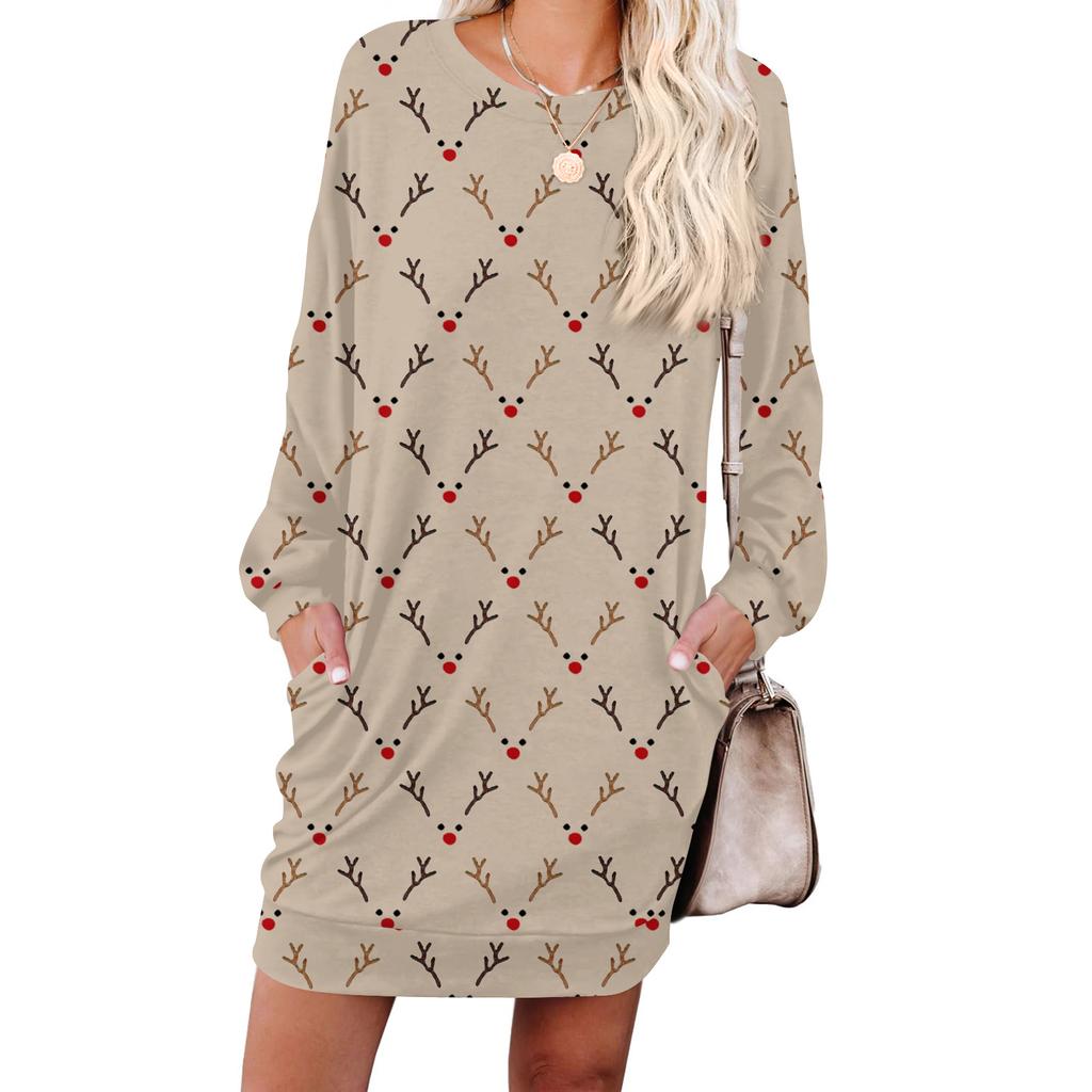 Damen Retro Bedrucktes Modisches Langarm Rundhals Taschenkleid