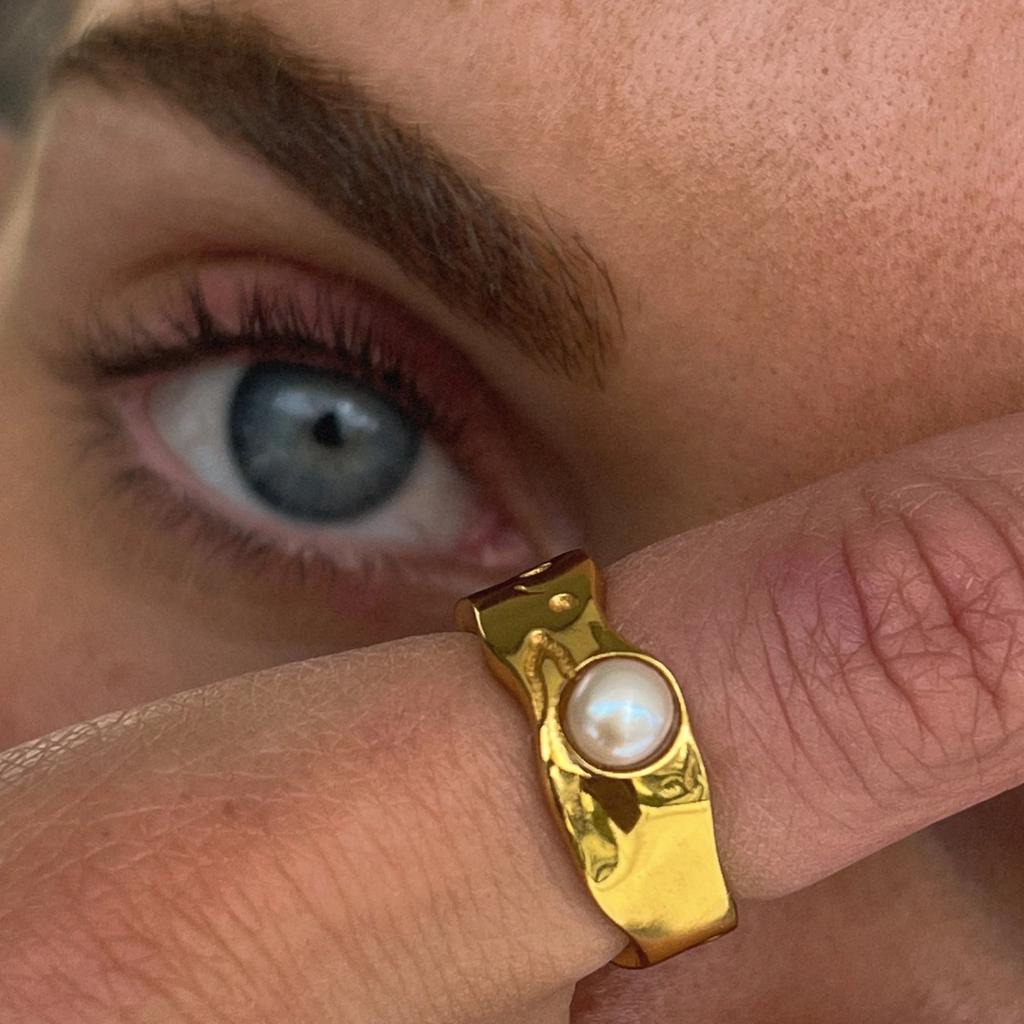 18K Gold PVD Plated 316L Stainless Steel Rings Finger Chunky Wedding Statement Jewelry Shell Freshwater Pearl Zircon Ring KTJ