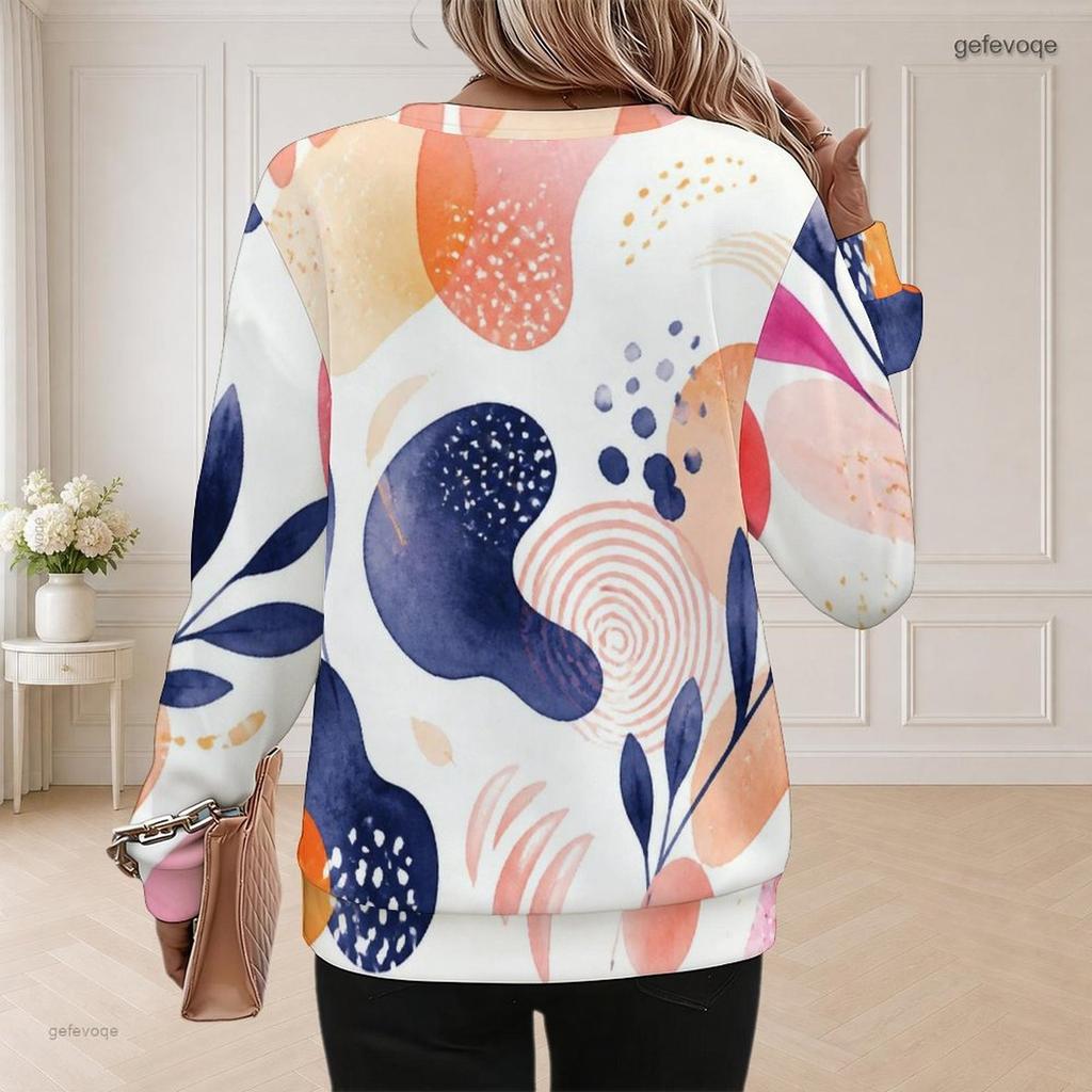 Women Plus Size Round Neck Long Sleeve Abstract Printed Ribbed Cuffs Pullover Sweatshirt