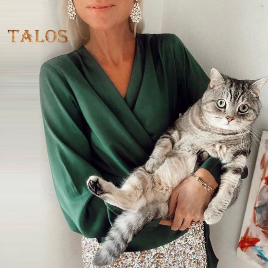 Women Shirt V-neck Side Lace-Up Lantern Long Sleeve Pullover Tops Solid Color Work Casual Blouse Daily Wear