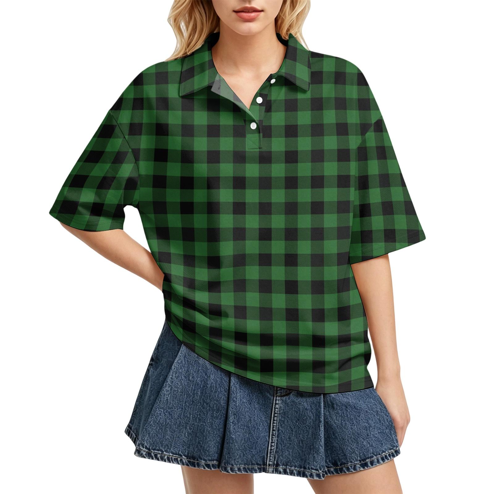 

Women Casual Polo Shirt Loose Fit Short Sleeve Button Down Collar Checkered Pattern Lightweight Top for Daily Wear L зелёный