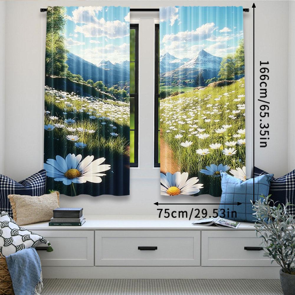 Set Of 2 Sunny Spring Day Curtains Fashion Meadow Full Flowers Aesthetic Art Suitable Living Curtain Polyester