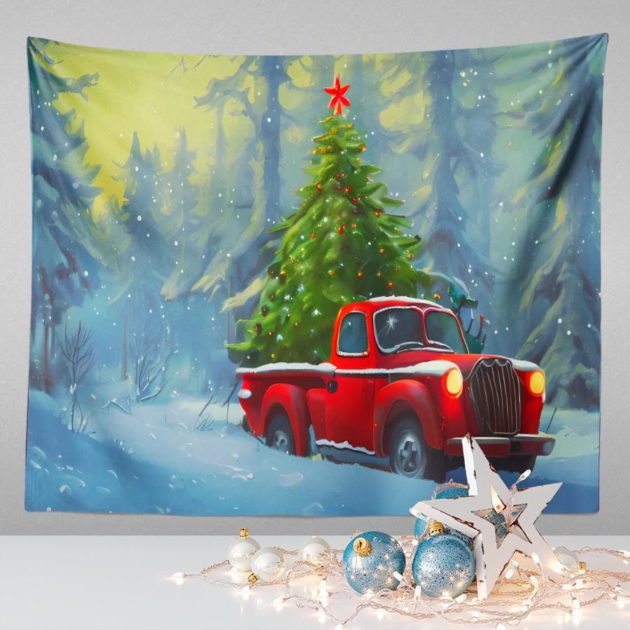 Amazon Festive Hanging Cloth Christmas Background Cloth Printed Cartoon Christmas Tree Snowman Tapestry