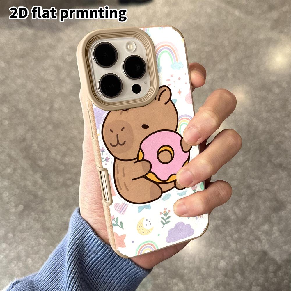 Phone Case: 2D flat lambskin suitable for iPhone 18, 17, 16, 15, 14, 13Pro film protective case, hugging a sweet donut capybara, Christmas and Hallowe