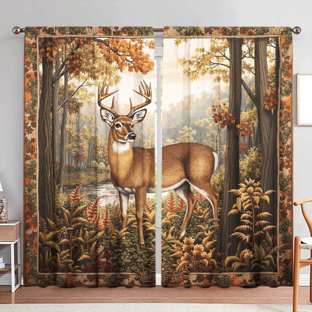 Set Of 2 American Elk Forest Decorative Curtains Uv Insulation Privacy Protection Retro Style Made Polyester