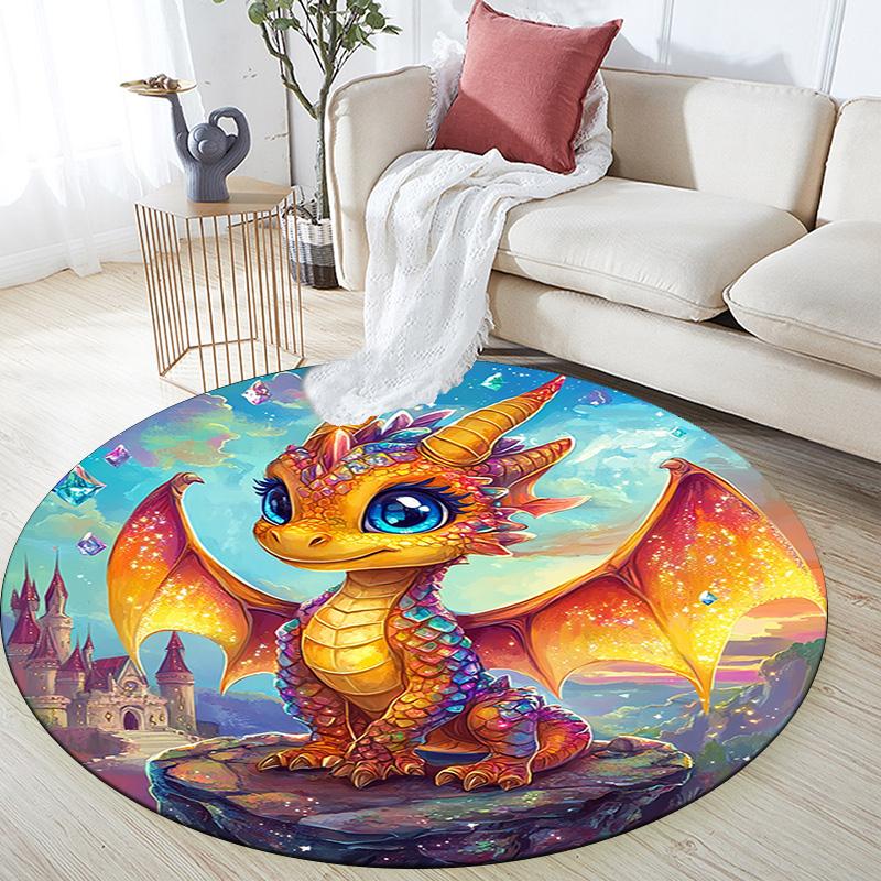 Fantasy Dragon Castle Round Area Rug,Carpet Rug for Living Room Bedroom Sofa Playroom Decor,Non-slip Floor Mat