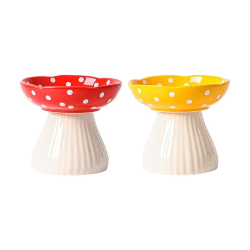 Elevated Cats Mushroom Shape Bowl Prevents Choking and Vomiting Cartoon Cats Feeding Dish Handcrafted Stand rosso