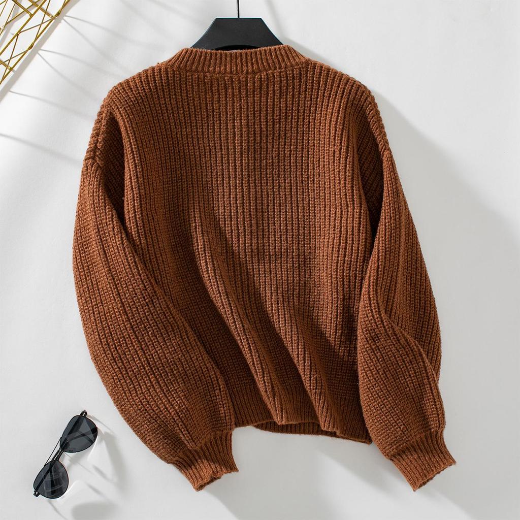 Autumn Winter Vintage Loose Long Sleeve Top Solid Color Cardigan Knitwear V-Neck Sweater