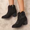 Embroidery Coarse Heel Leather Short Boots Women's Embroidery Round Head Side Zipper Middle Heel Martin Boots