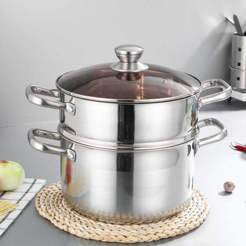 Double-Layer Stainless Steel Stockpot with Steamer for Porridge, Noodles, and Soup - Compatible with Induction and Gas Stoves