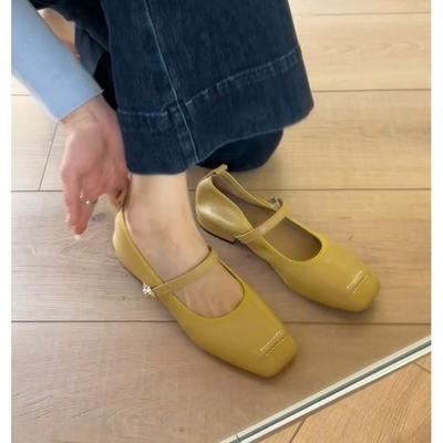 Square Head One-word Buckle with Mary Jane Shoes Women's New Soft Leather Yellow Retro Flat Shoes