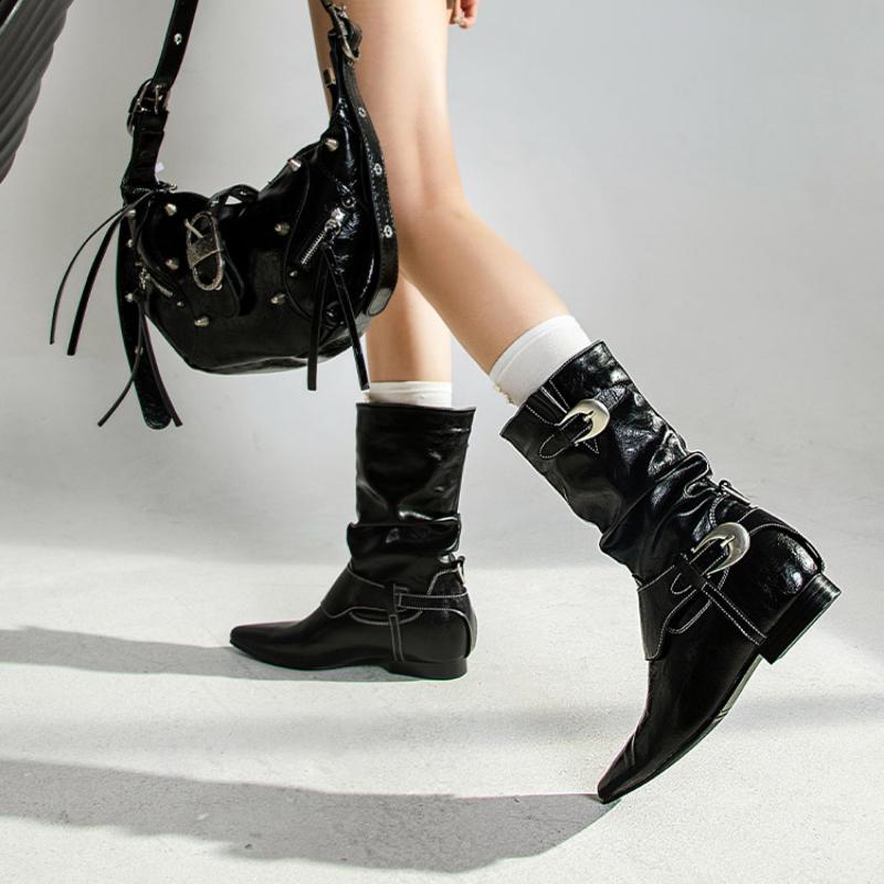 Fashion 2025 New Style Luxury Pleated Buckle Knight Boots for Women Autumn Leather Mid Calf Boots Woman Slip-On Thick Heel Riding Boots