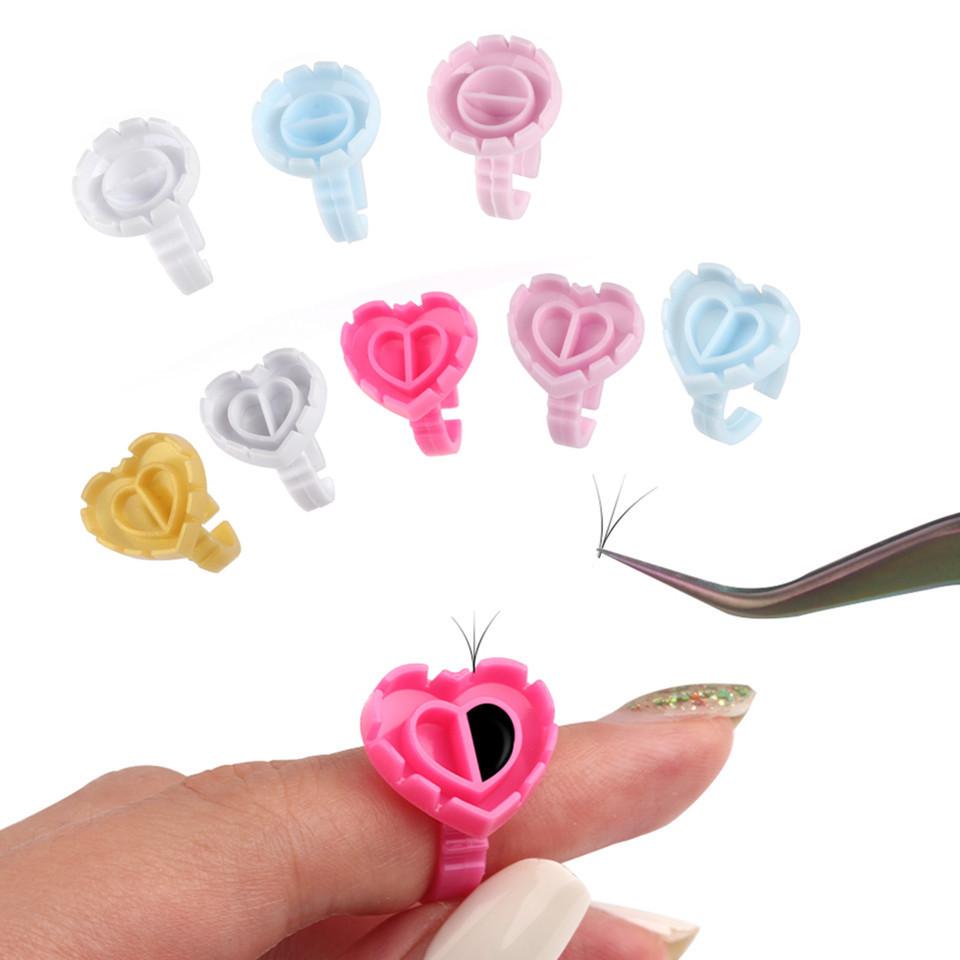 100Pcs Heart Eyelash Extension Glue Ring Holder Grafting Eye Lash Fans Flowering Cup Pigment Container Makeup Beauty Tools