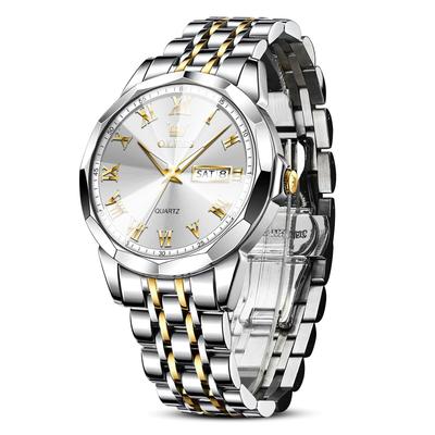 OLEVS Waterproof Analog Quartz Luminous Business Stylish and Popular with Silver Dial Stainless Steel Date Easy To Casual Men's Watch, Gold-White,