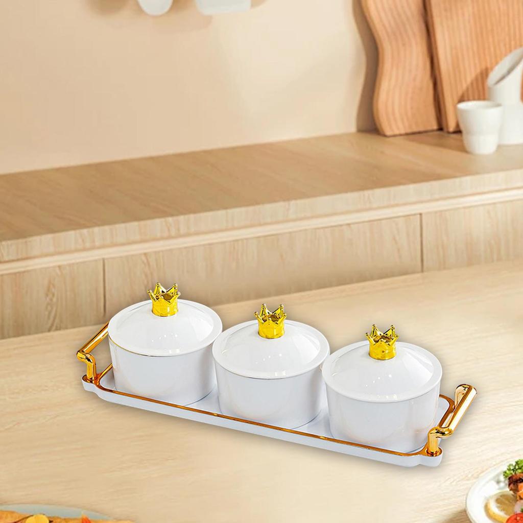 Dried Fruit Plate Appetizer Serving Tray 3 Grid with Lid Covered Candy Jar Seasoning Organizer for