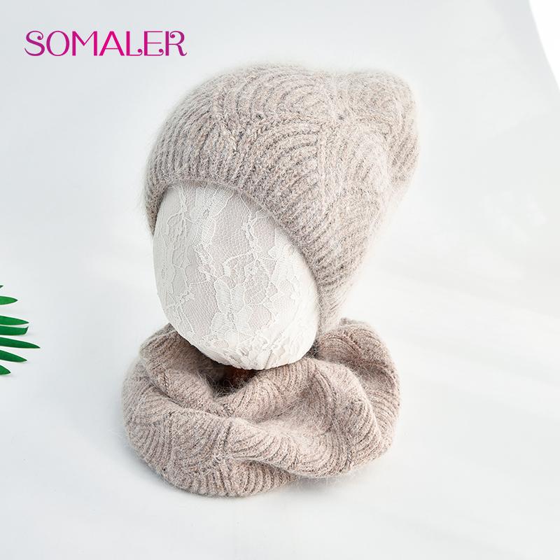 SOMALER Women's Winter Warm Fluffy Angora Hat Scarf Set Warm Angora Wool Knit Beanie  Neck Warmer 2 in 1 Gift Set