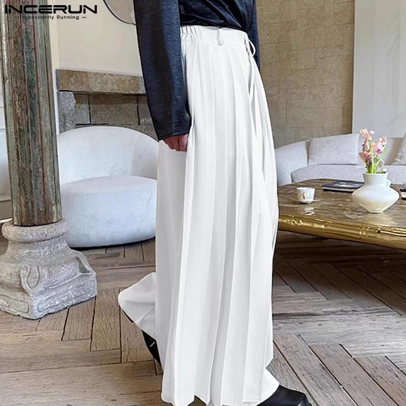 INCERUN Men Solid Color Zipper Waist Pleated Layers Casual Wide Legs Pants Trousers
