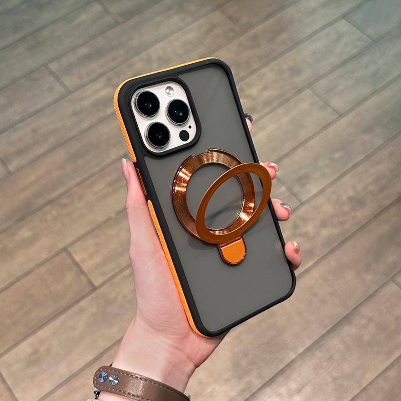 Luxury Color Blocking Ring Rotate Stand Magsafe Case For iPhone 16 15 14 Plus 13 12 11 pro Max Frosted Matte Magnetic Hold Cover