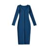 Women's Slim-Fit Brushed V-Neck Long-Sleeved Dress with Waist-Cinching, Mid-Length Skirt.