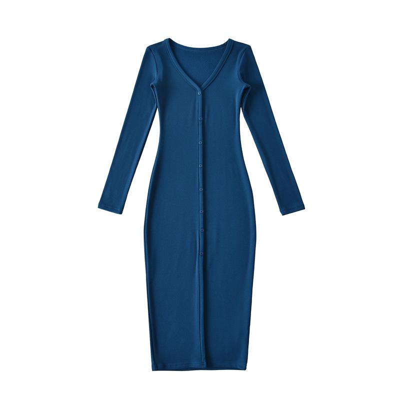 Women's Slim-Fit Brushed V-Neck Long-Sleeved Dress with Waist-Cinching, Mid-Length Skirt.