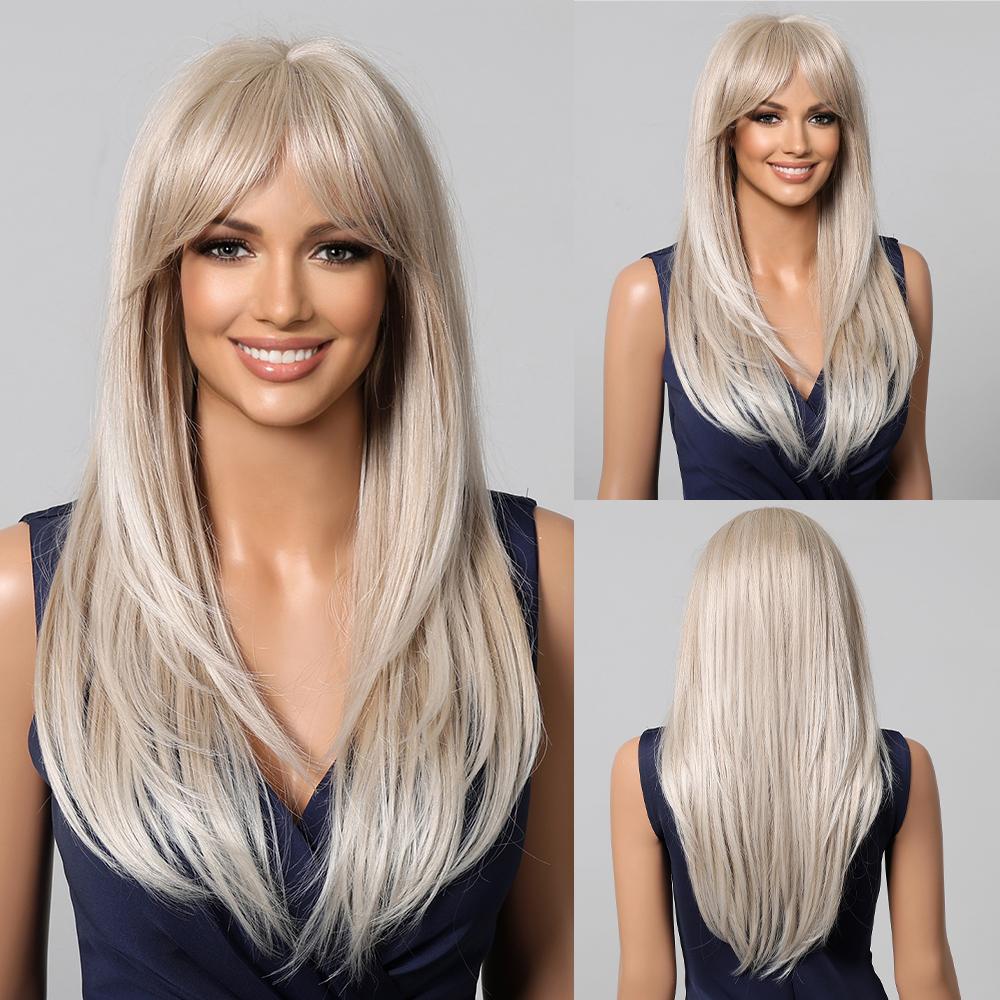 Synthetic Layered Wig Long Rose Gold Straight Wigs with Bangs Blonde Cosplay Party Natural Hair Wigs for Women Heat Resistant