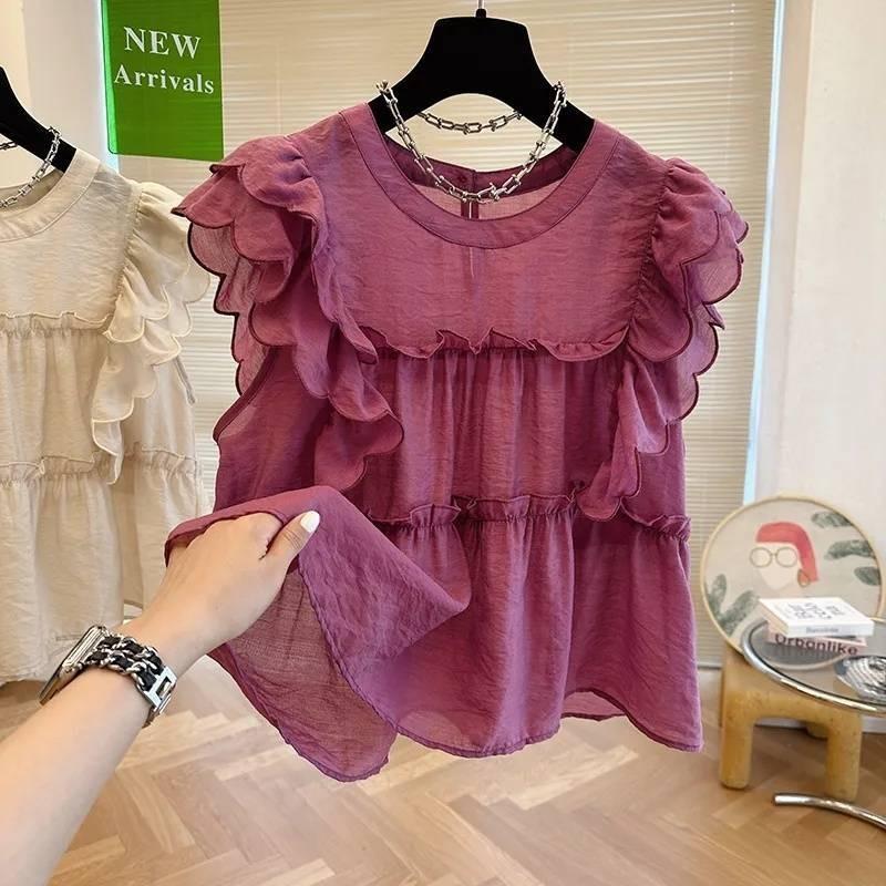 Women French Ruffle Flutter Sleeve Round Neck Shirt Sweet Doll Loose Blouse Summer New M фиолетовый