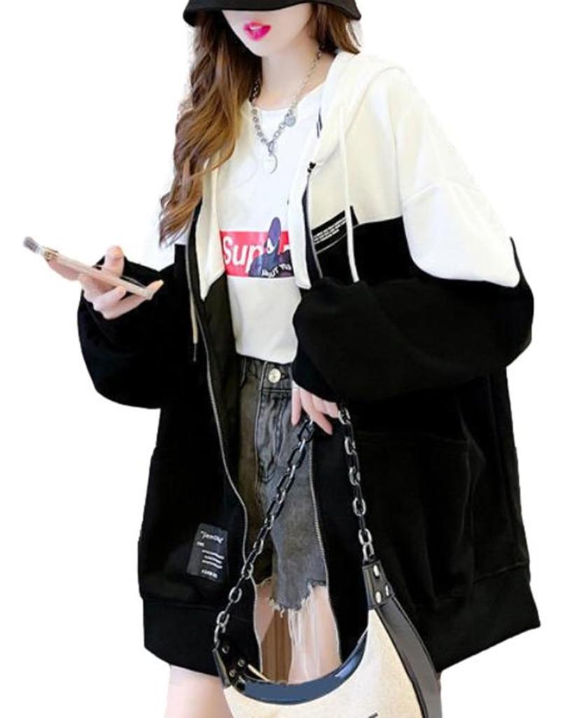 One Oversized Korean Drop Size XL One's Women's Hoodie, Lightweight, Zip-Up, Style, Shoulder, Spring, (White)