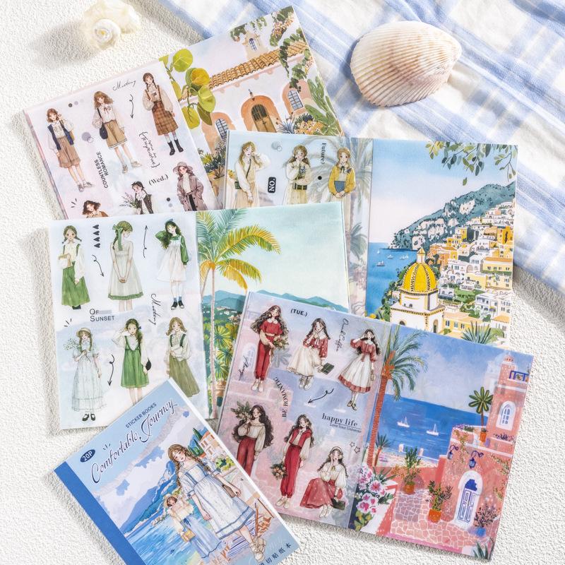 20 Sheets/pack Dual Material Self-Adhesive Sticker Book Cozy Journey Series Character Travel Theme Holiday Decoration